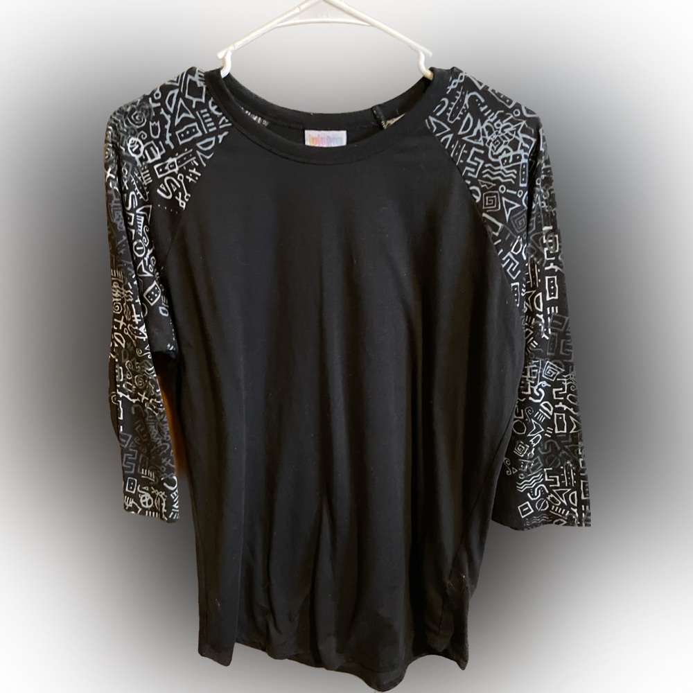 Black, Lula Roe shirt with patterned sleeves. Small
